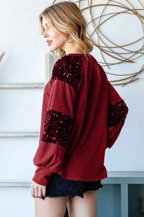 7th Ray - Wholesale Sweatshirt - Women's - [PLUS SIZE] Brushed Sequin Contrast Pullover Top T5341XL7