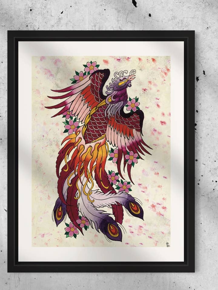 Stampa ad acquerello Phoenix (22,9 x 30,5 cm) - Ispirata ai tatuaggi giapponesi per la vendita all'ingrosso da parte di LOR&INK