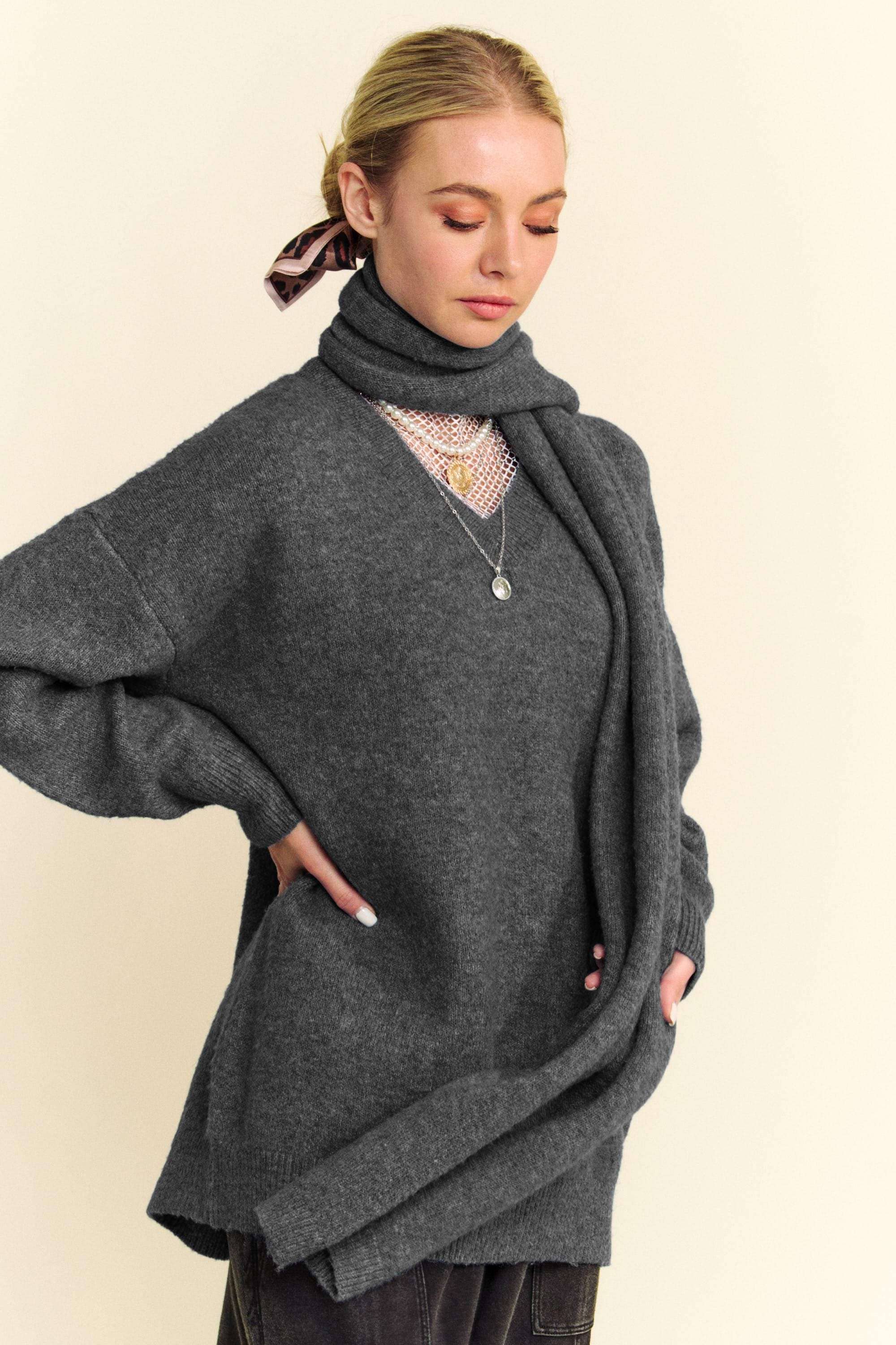 Davi & Dani - Vente Ensemble haut et pantalon (PAS d'intérieur) - Femme - ENSEMBLE PULL À MANCHES LONGUES ET COUPE AMPLE UNI AVEC ÉCHARPE10