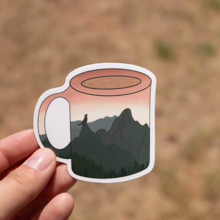 Mountain Morning Coffee Cup Sticker, 3"x2.9" for wholesale by Nature & Hound Designs