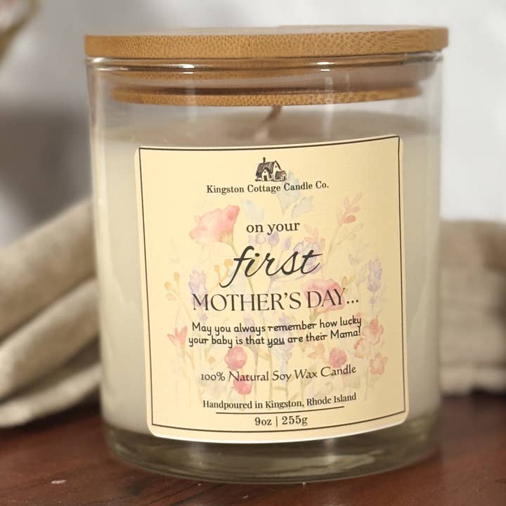 On Your First Mother’s Day Candle for wholesale by Kingston Cottage Candle Co.