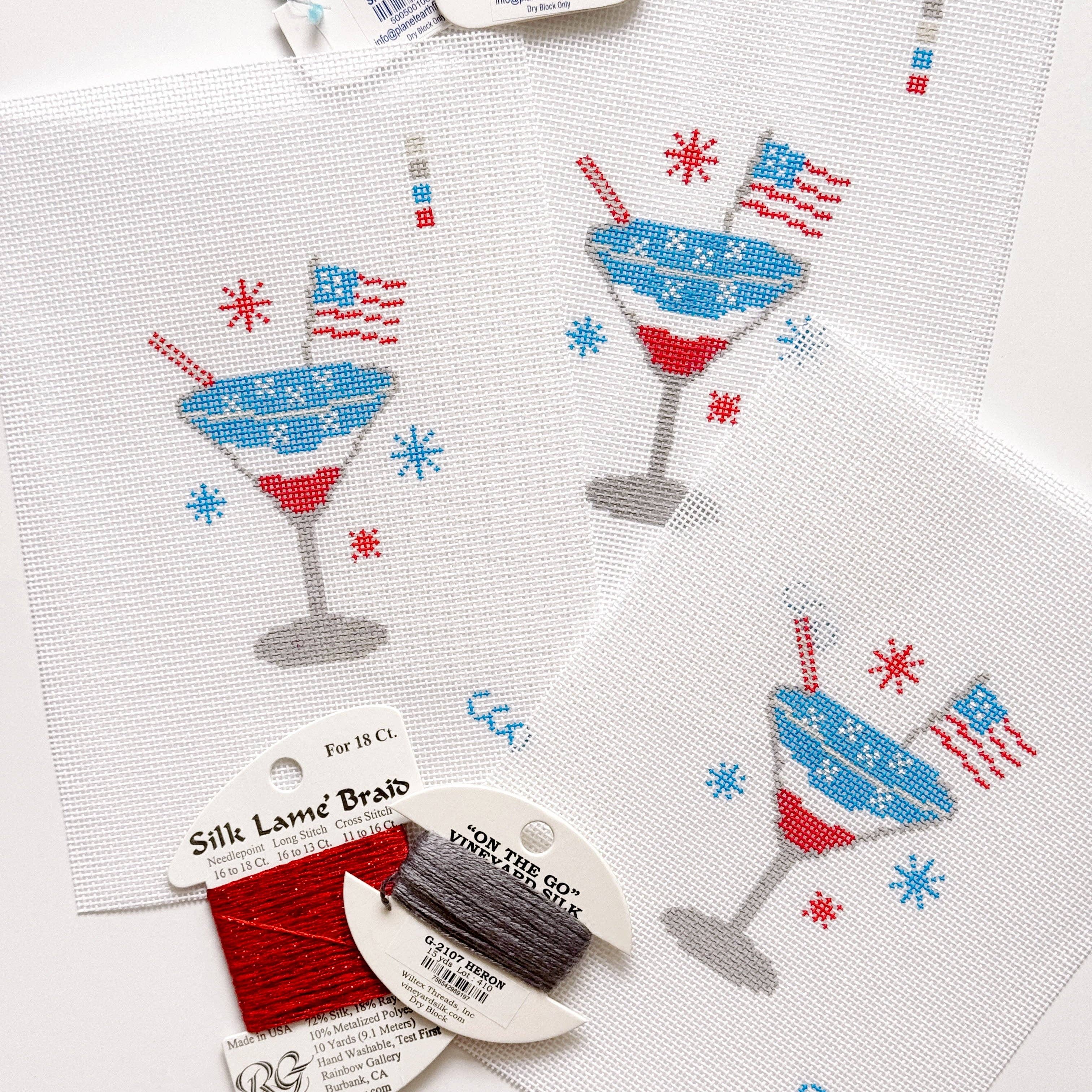 Cotswold Co Designs - Wholesale Embroidery/Cross Stitch Supplies - Patriotic Martini Needlepoint Canvas, Hand Painted, 18 Mesh, 2.5"x3" Design2