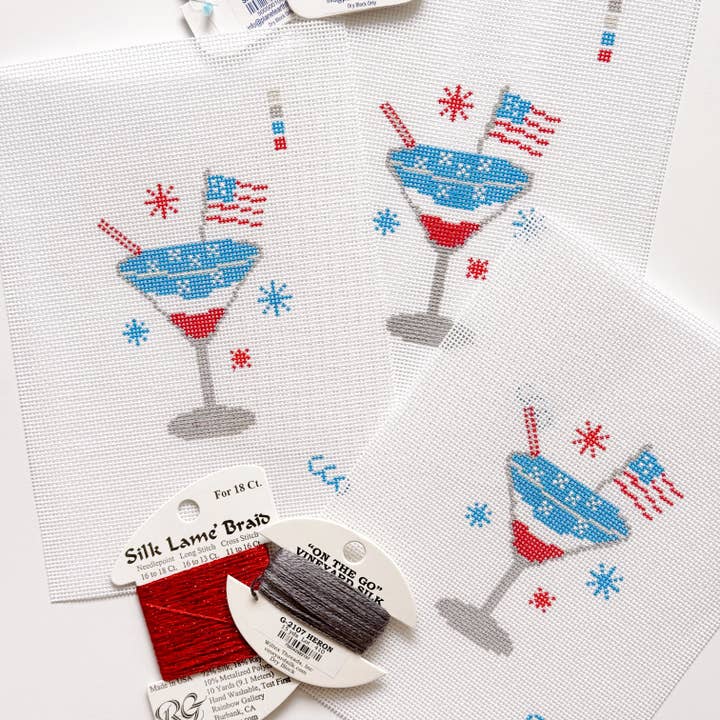 Cotswold Co Designs - Wholesale Embroidery/Cross Stitch Supplies - Patriotic Martini Needlepoint Canvas, Hand Painted, 18 Mesh, 2.5"x3" Design2