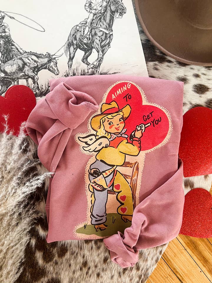 Vintage Cowgirl Valentines Sweatshirt (rose pink) for wholesale by Arrow F Apparel