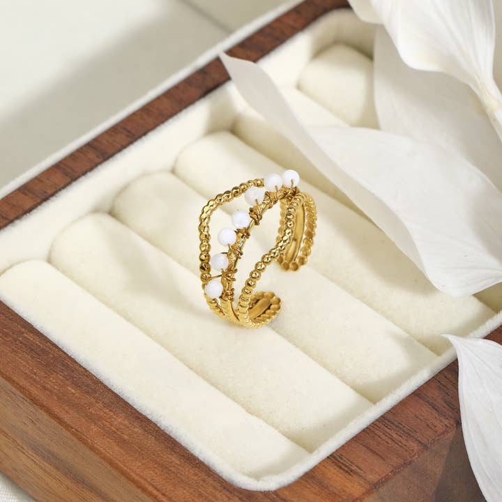 Kapyco - Wholesale Band/Stacked Ring - Gold plated stainless steel mother-of-pearl ring - BG310083OR-BC