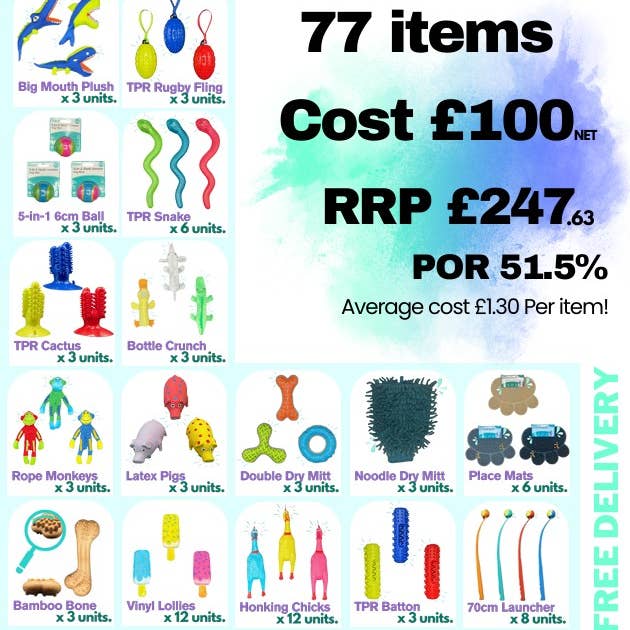 Startpaket 1 - 77 artiklar över 16 produkter! Rek. pris £247,63 för wholesale av Quiker Pet Products