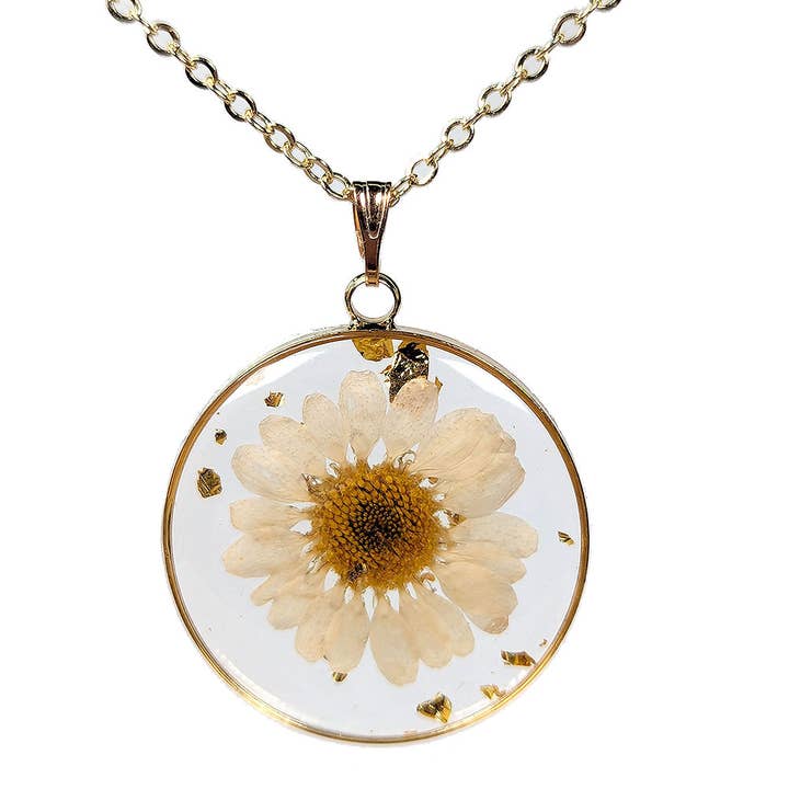 Stylish Jewelry Supply - Wholesale Pendant/charm necklace - Round Real White Daisy Flower Gold Leaf Resin Necklace