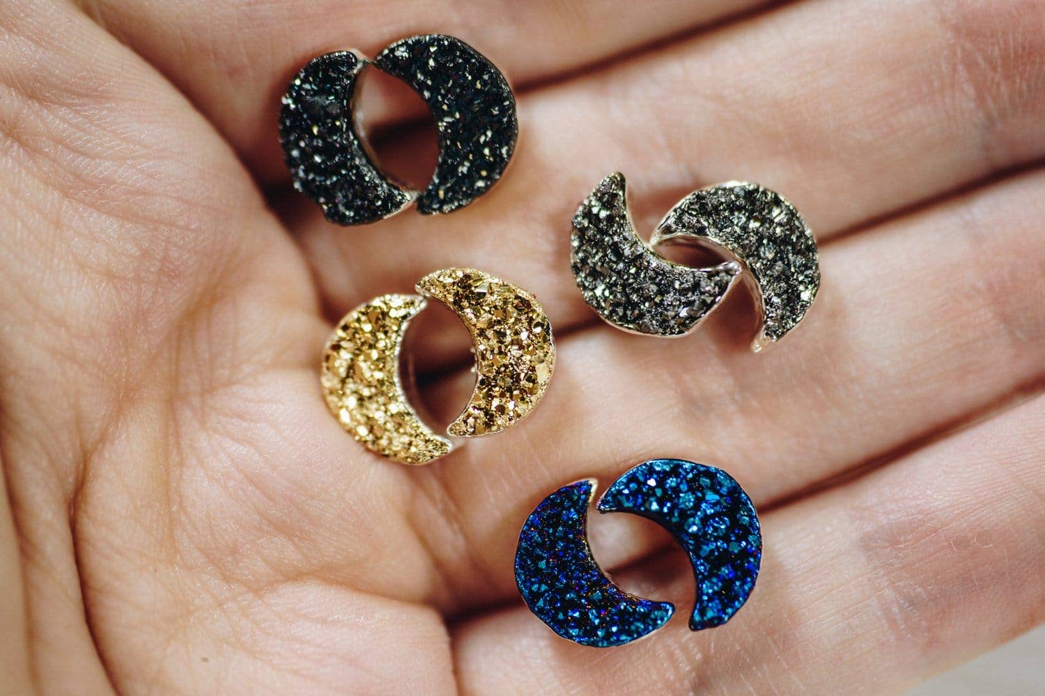 Rock Paradise - Wholesale Stud/Post Earrings - Crystal Moon Titanium Druzy Stud Earrings Electroplated 24k0