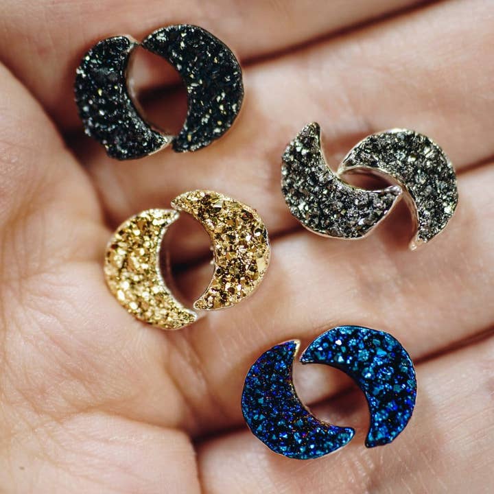 Rock Paradise - Wholesale Stud/Post Earrings - Crystal Moon Titanium Druzy Stud Earrings Electroplated 24k