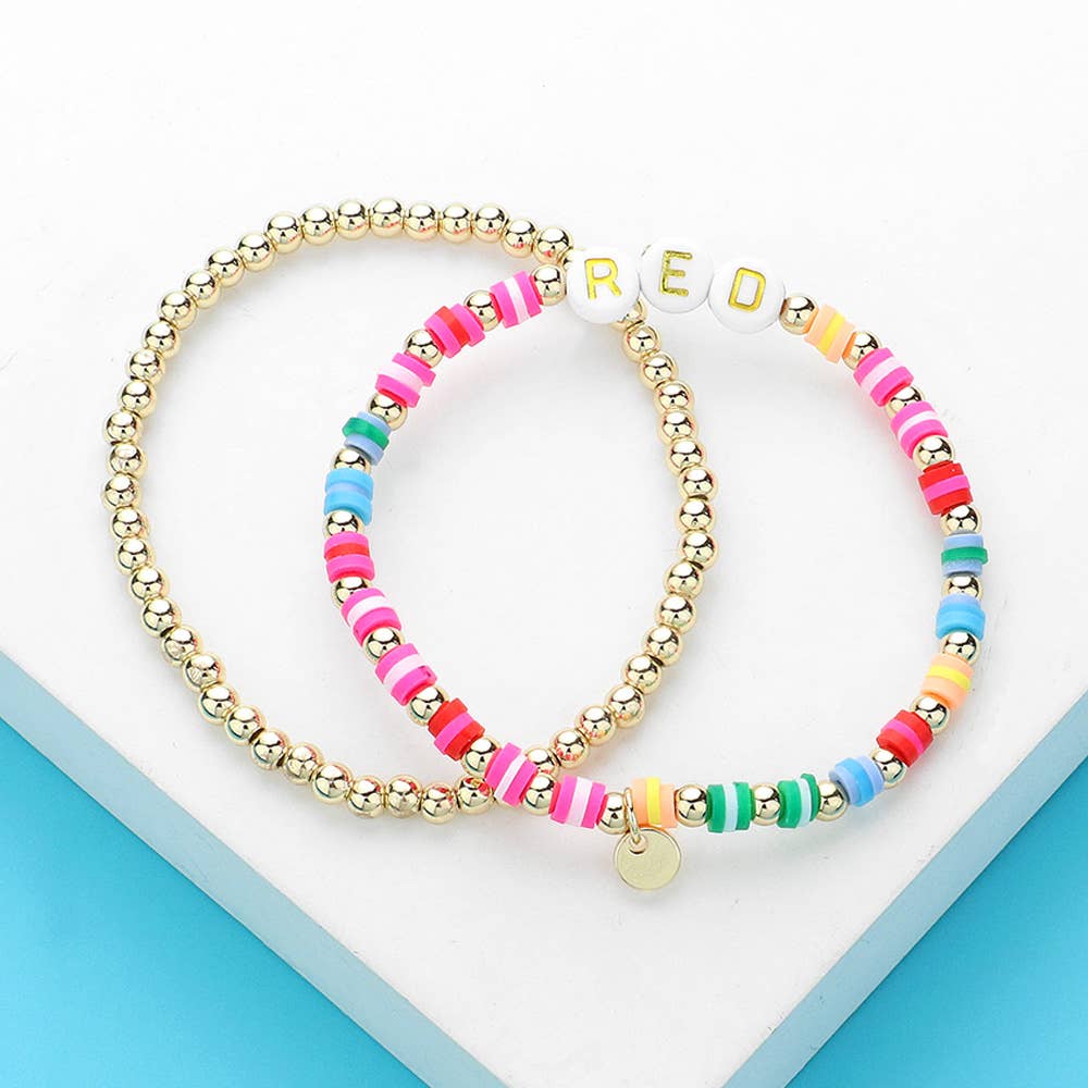 Sensibling Corp. - Wholesale Beaded Bracelet - 2PCS - RED Message Metal Ball Heishi Beaded Stretch Multi Layered Bracelets1