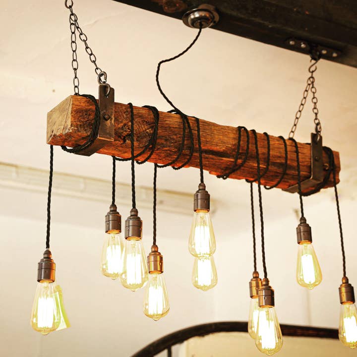 MooBoo Home – wholesale Chandelier/hanging light – Rustic Oak Beam Chandelier with Wrapped Cables and Steel Brackets