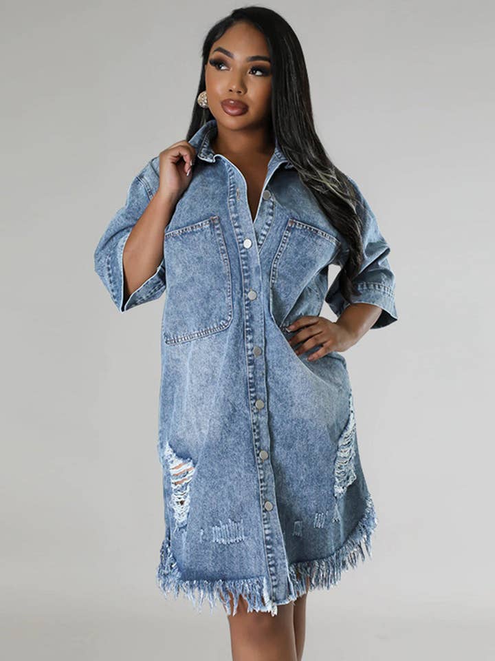 Fringe Detail Denim Shift Dress for wholesale by Aria Romance