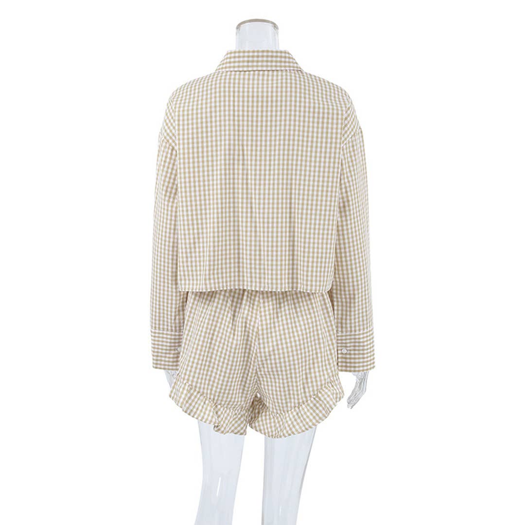Khaki Ruffled Long Sleeve Plaid Shorts Loungewear Set ONK66 for wholesale on Faire4