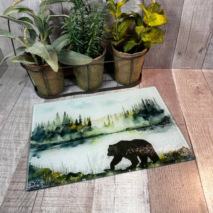 Lakeside Bear #2 - 11" x 8" Tempered Glass Cutting Board for wholesale by GP Originals