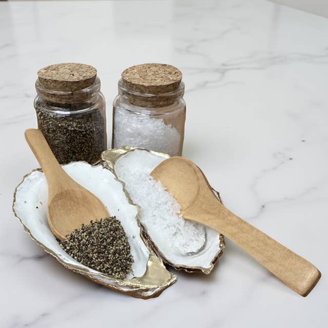 Coastal Salt & Pepper Oyster Shell Pinch Bowls – Gold Rim for wholesale by Shell Yeah By Jaks LLC