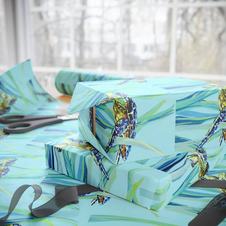 Blue Cava - Wholesale Flat Wrap - Swimming Sea Turtle Wrapping Paper13