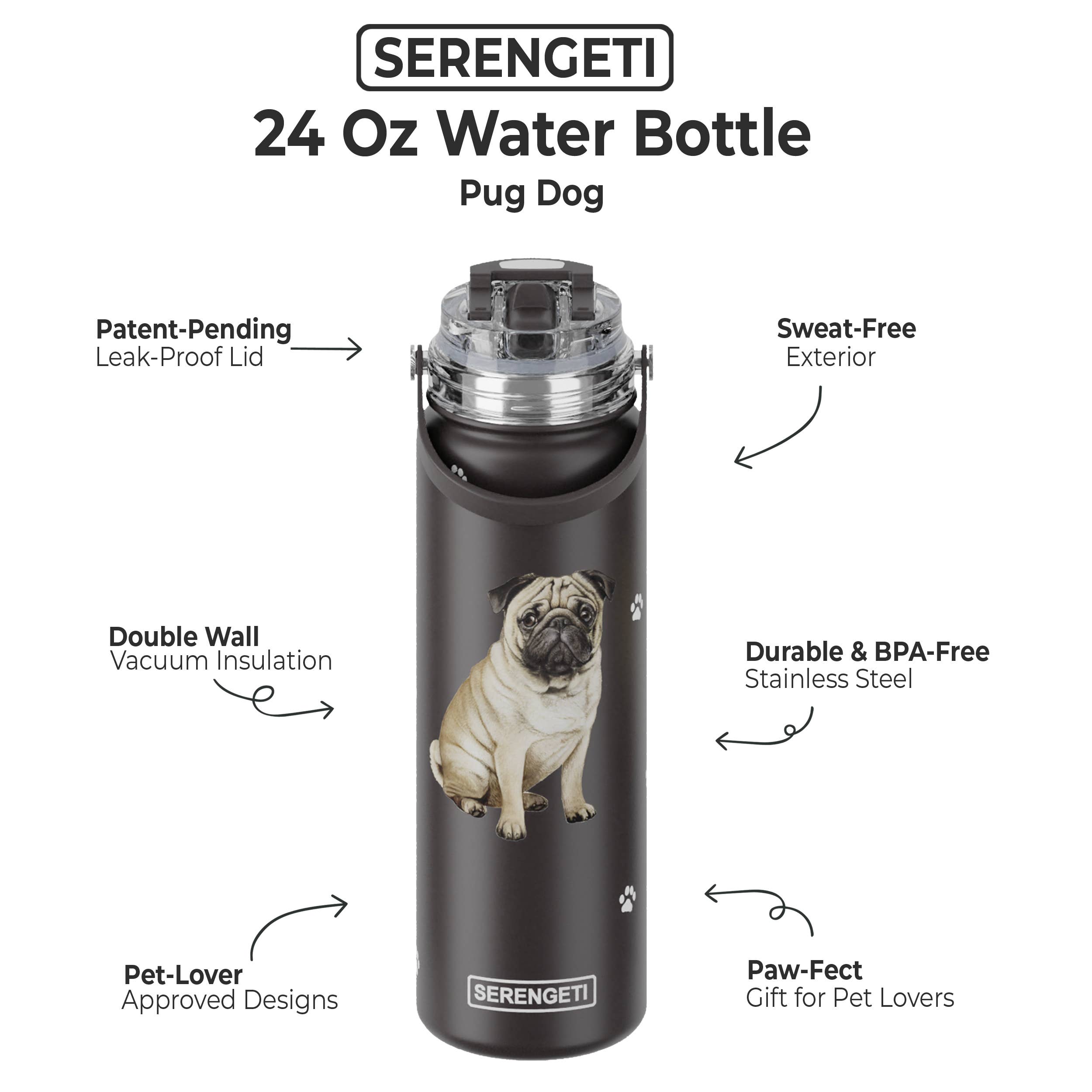 E&S Pets - Wholesale Water Bottle - Pug - Stainless Steel Water Bottle - 24oz - Leak Proof4