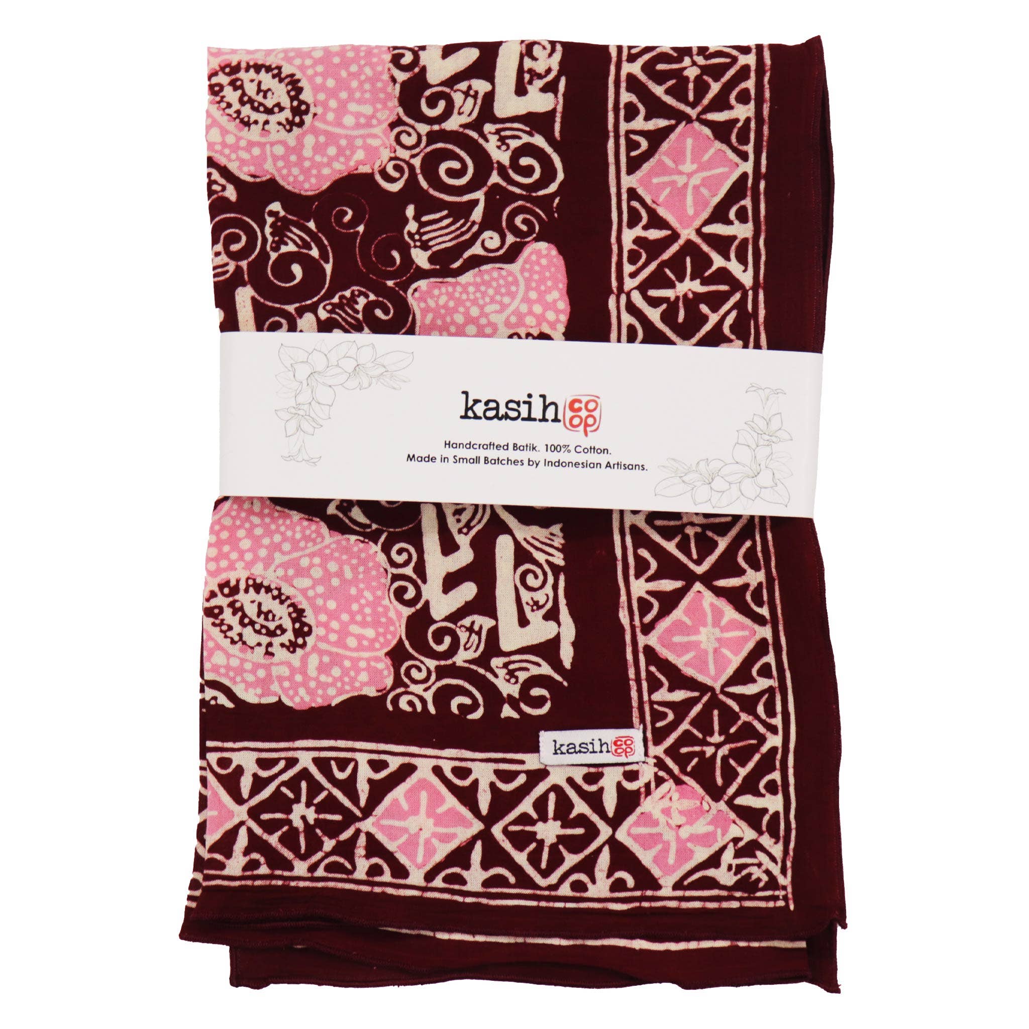 Kasih Co-op - Wholesale Bandana - Dames - Handgeverfde Batik Bandana, Roze Lijkbloem, Reuzenpadma, Rood, Roze6