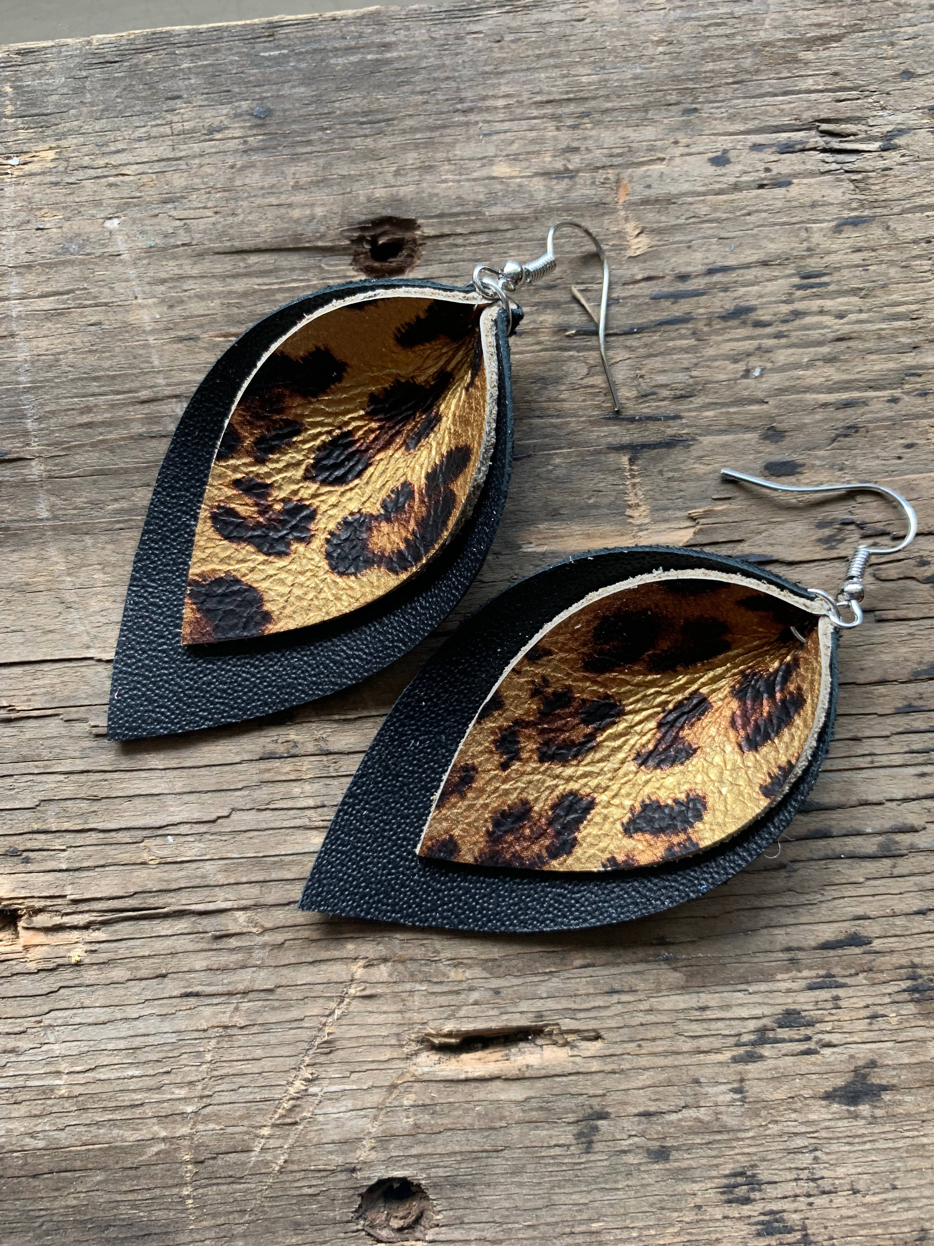 Jill's Jewels - Wholesale Dangle Earrings - Black and Gold Leopard Leather Earrings1