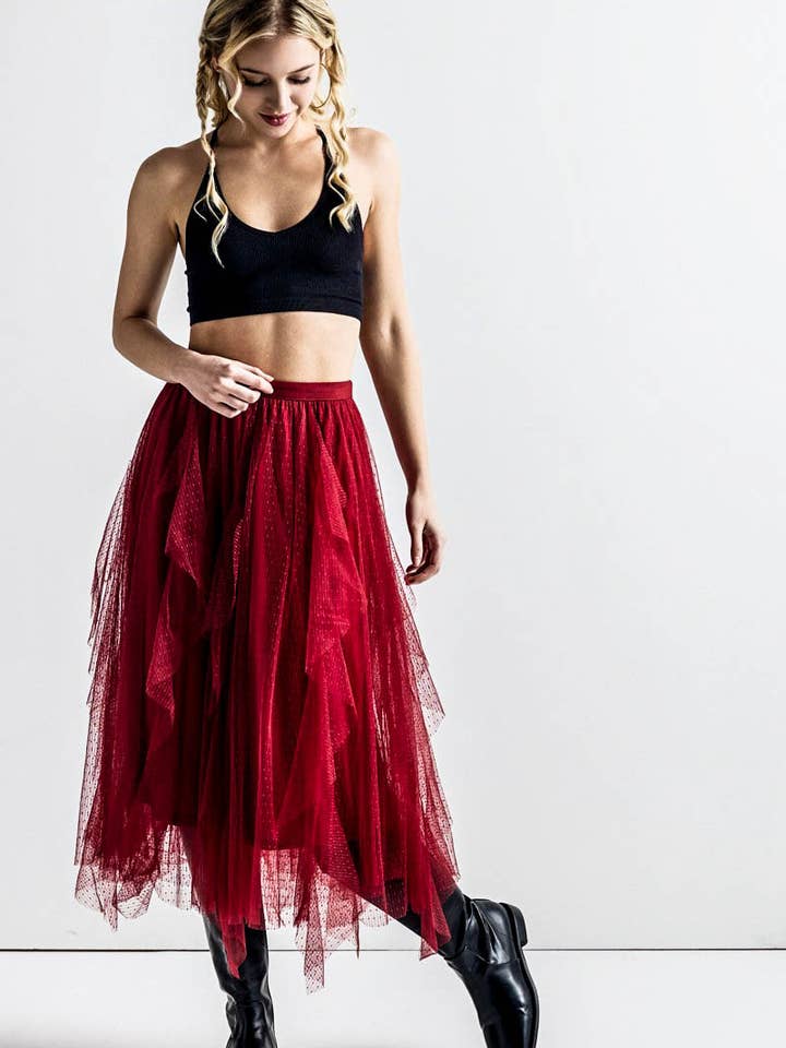 noflik - Wholesale Rok - Dames - Waterval PolkaDot Tule Mesh Ruffle Midi Rok- INS1009_