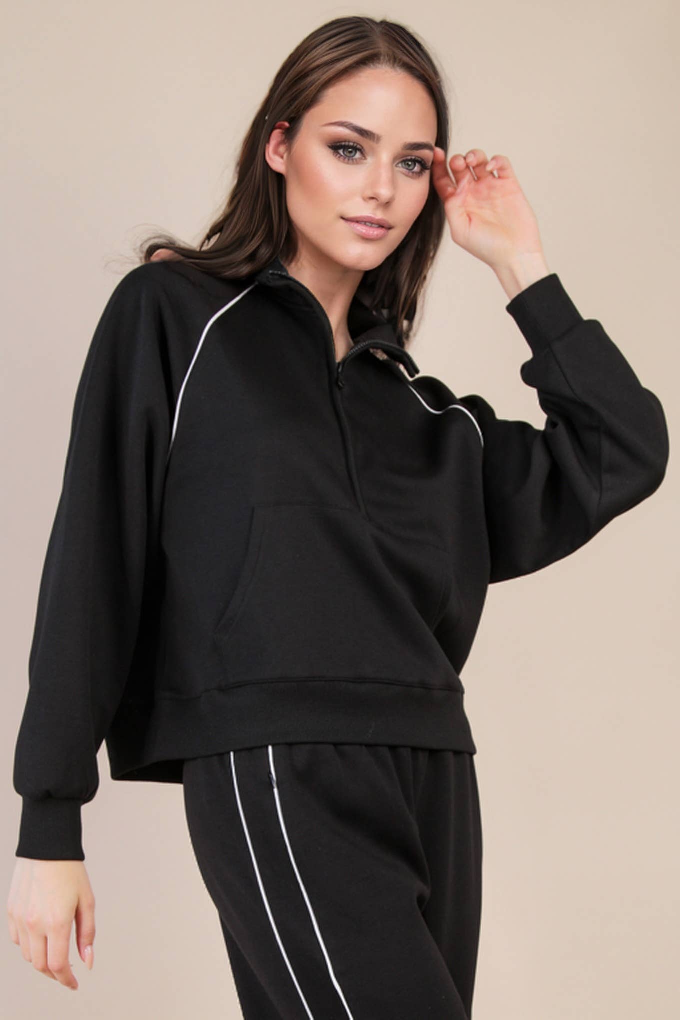 VERY J – Engroshandel Sweatshirt - Dame – NT12304-Halv lynlås med rørdetaljer strikket afslappet top7