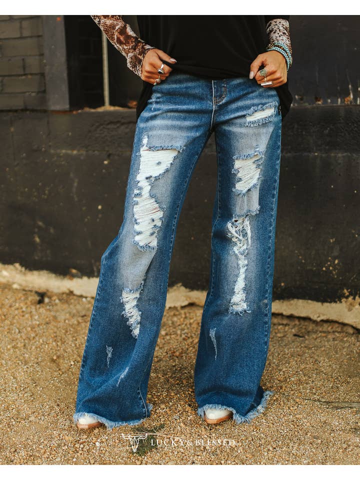 LUCKY & BLESSED - Wholesale Jeans - Women's - Plus Size Dark Wash High Rise Distressed Trouser Jeans