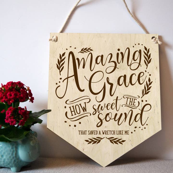 Amazing Grace hymn wooden wall banner for wholesale by Birch and tides