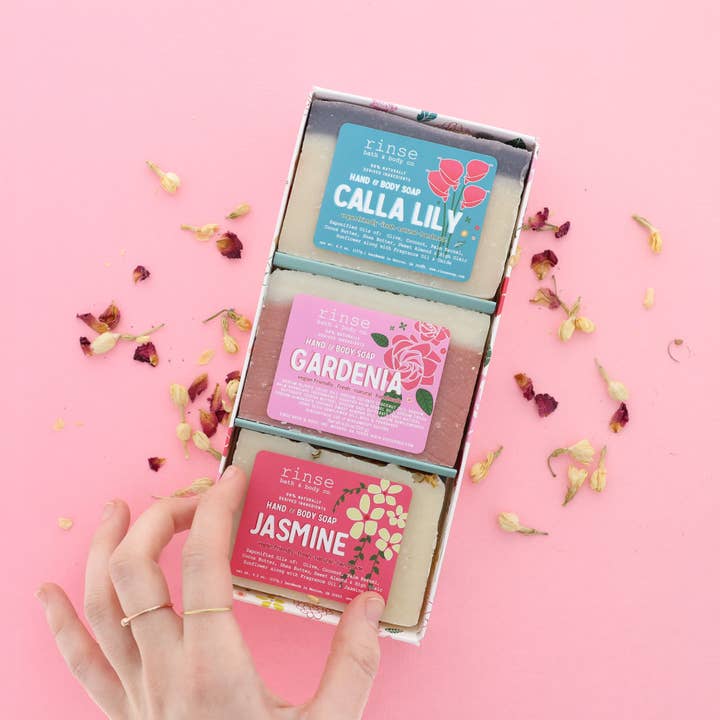 Flower Box Soap Gift Set | 3 Elegant White Florals for wholesale by Rinse Bath Body Inc