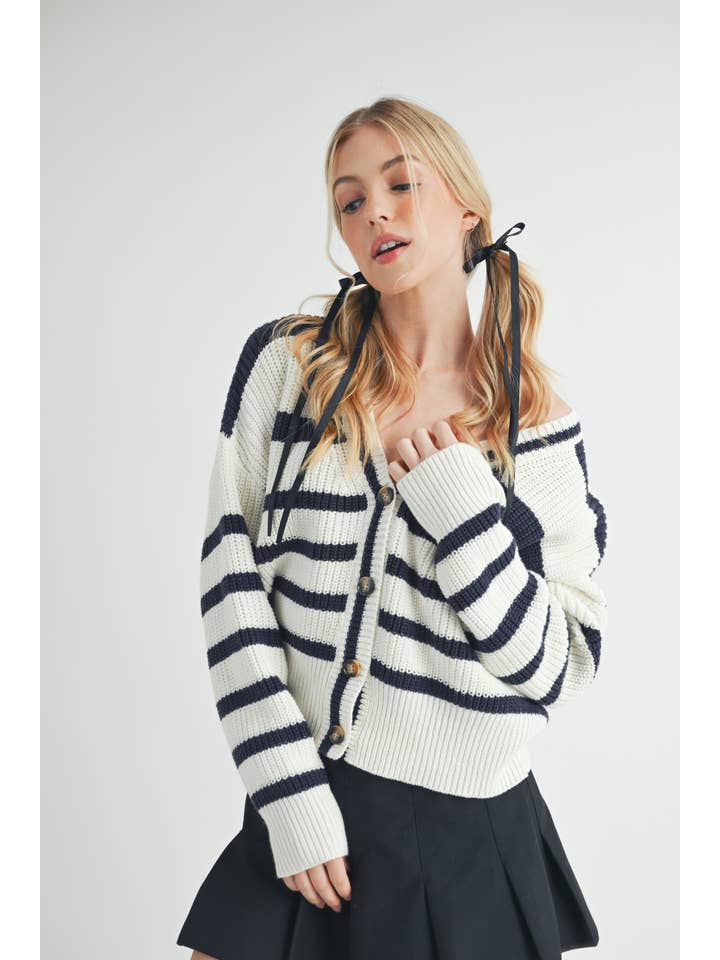 Blanco/Azul marino Cárdigan a rayas Bona 3202ED de venta al por mayor en Faire8