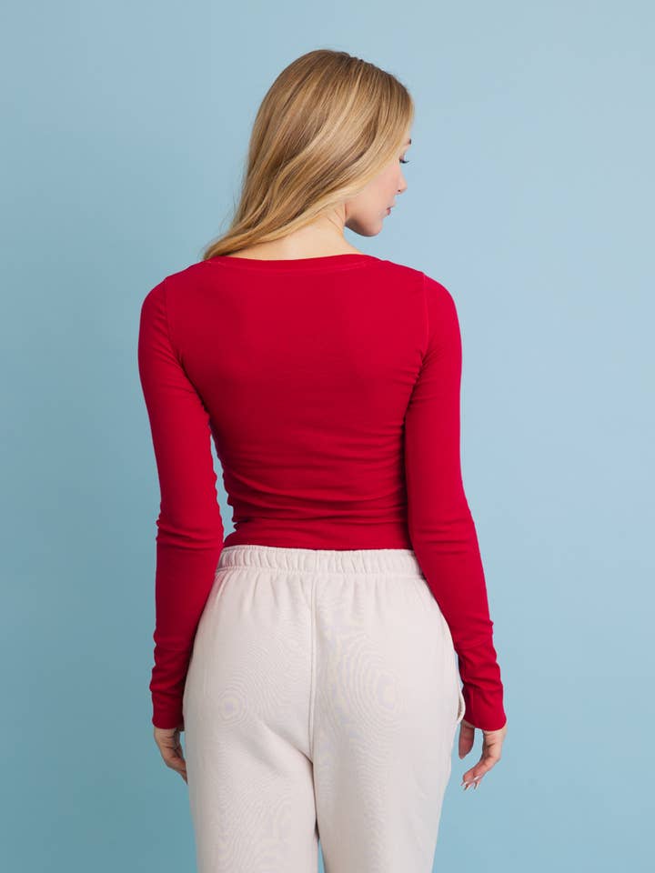 Leto Accessories - Wholesale Tops Set - Women's - Cotton Long Sleeve Ribbed Henley Top with Buttons7