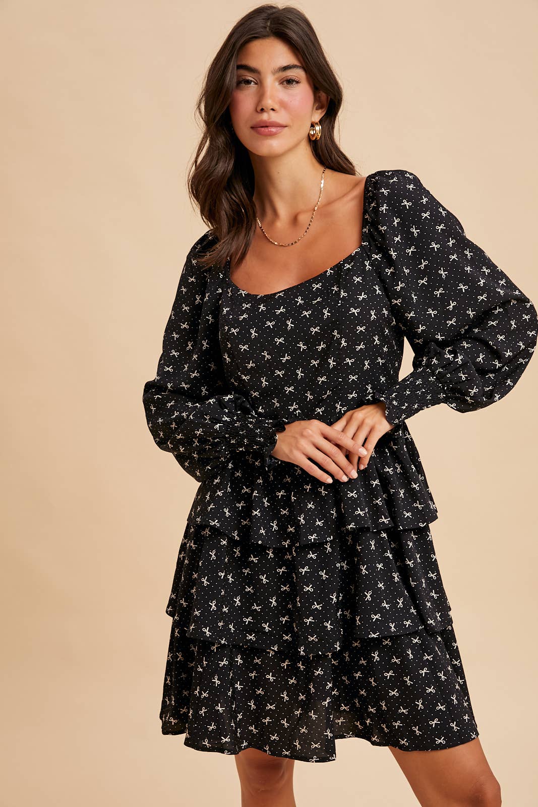 BLACK LONG SLEEVE TIERED MINI DRESS for wholesale on Faire1