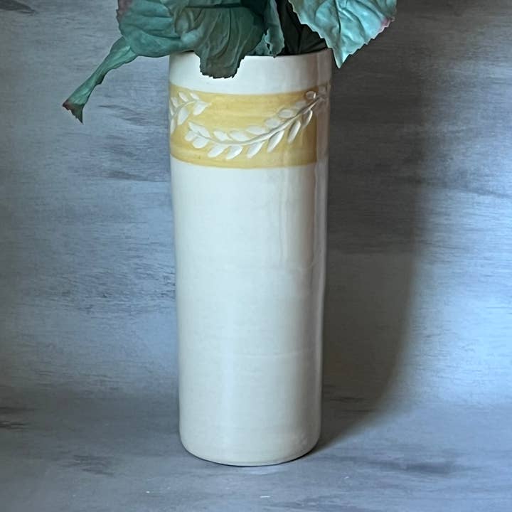 Tall (10inches) vase with leaf motif pattern for wholesale by JeLO Designs Pottery