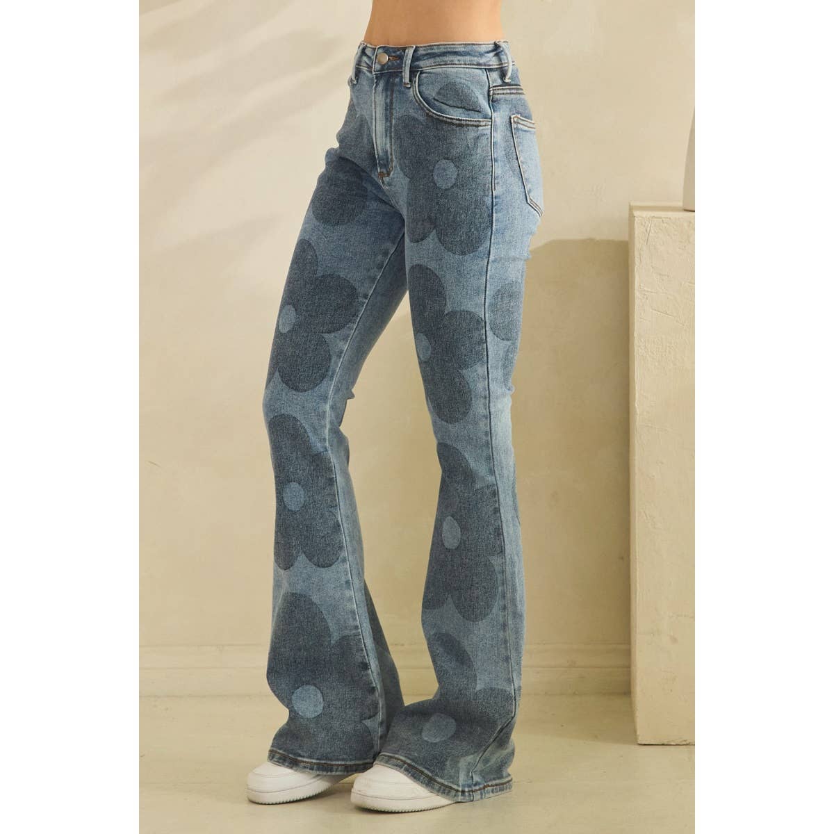 DENIM WASHED FLORAL BOOT CUT JEANS for wholesale on Faire6