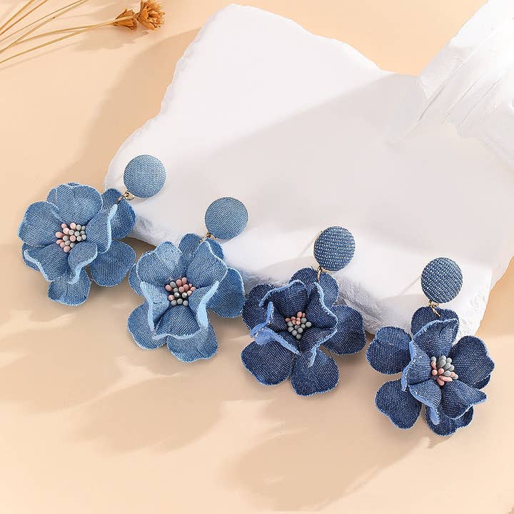 Personalized Fashion Denim Rose Earrings for wholesale by SALINA TRADING INC