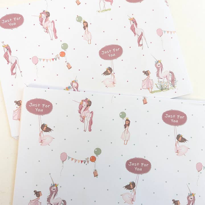 8 Gift Wrapping Paper & 10 Gift tags Princess and Unicorns for wholesale by Gifting Studio Ltd