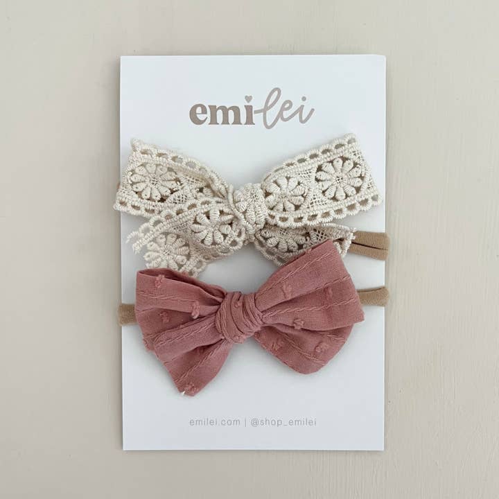 Emi Lei - Wholesale Fashion Headband - Baby - Nylon Stretchy Bow Headband Set - Cream Lace/Pink