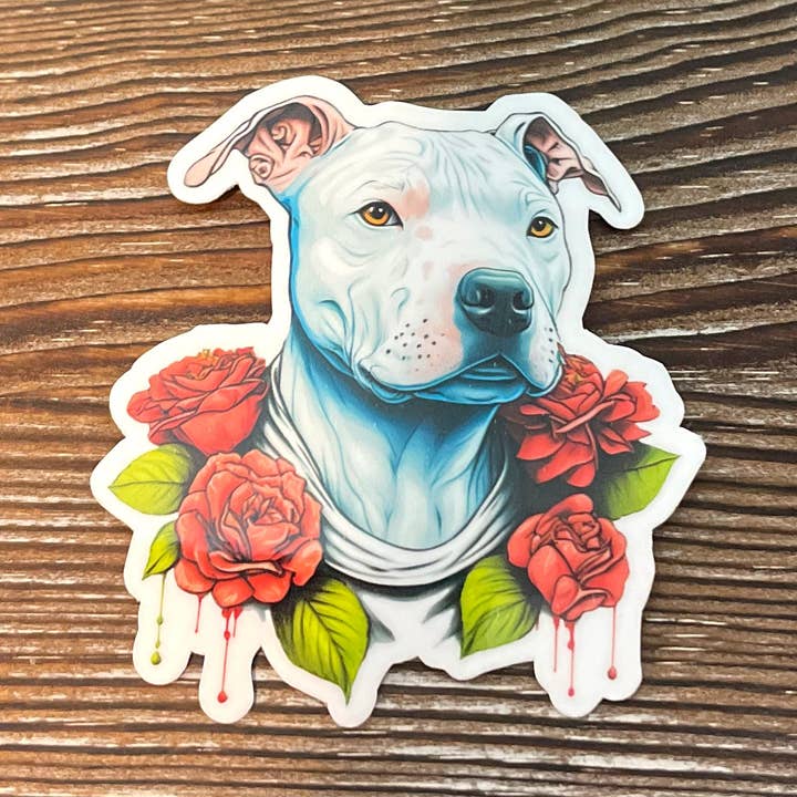 Pitbull w/ Flowers, Die Cut Vinyl Sticker, Boho Fun, Water Resistant, Dog Mom Animal Lover, Pet Breed for wholesale by Handmade by Marlayna