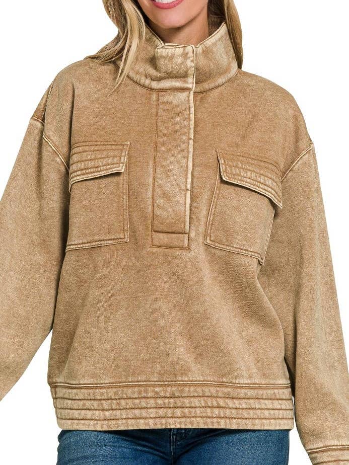 Felpe in pile con mezzo bottone a pressione sul davanti lavate con acido per la vendita all'ingrosso da parte di Vanilla Monkey