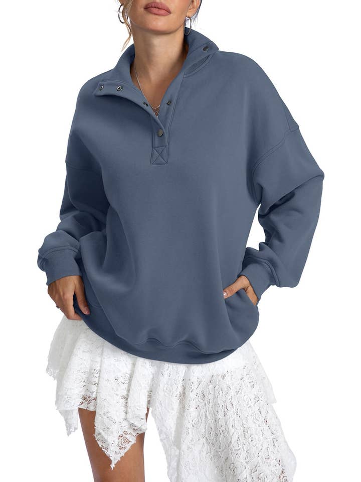 EmberLoom - Wholesale Sweatshirt – Women's - Women Long Sleeve Button-Down Fleece Mock Neck Sweatshirt10