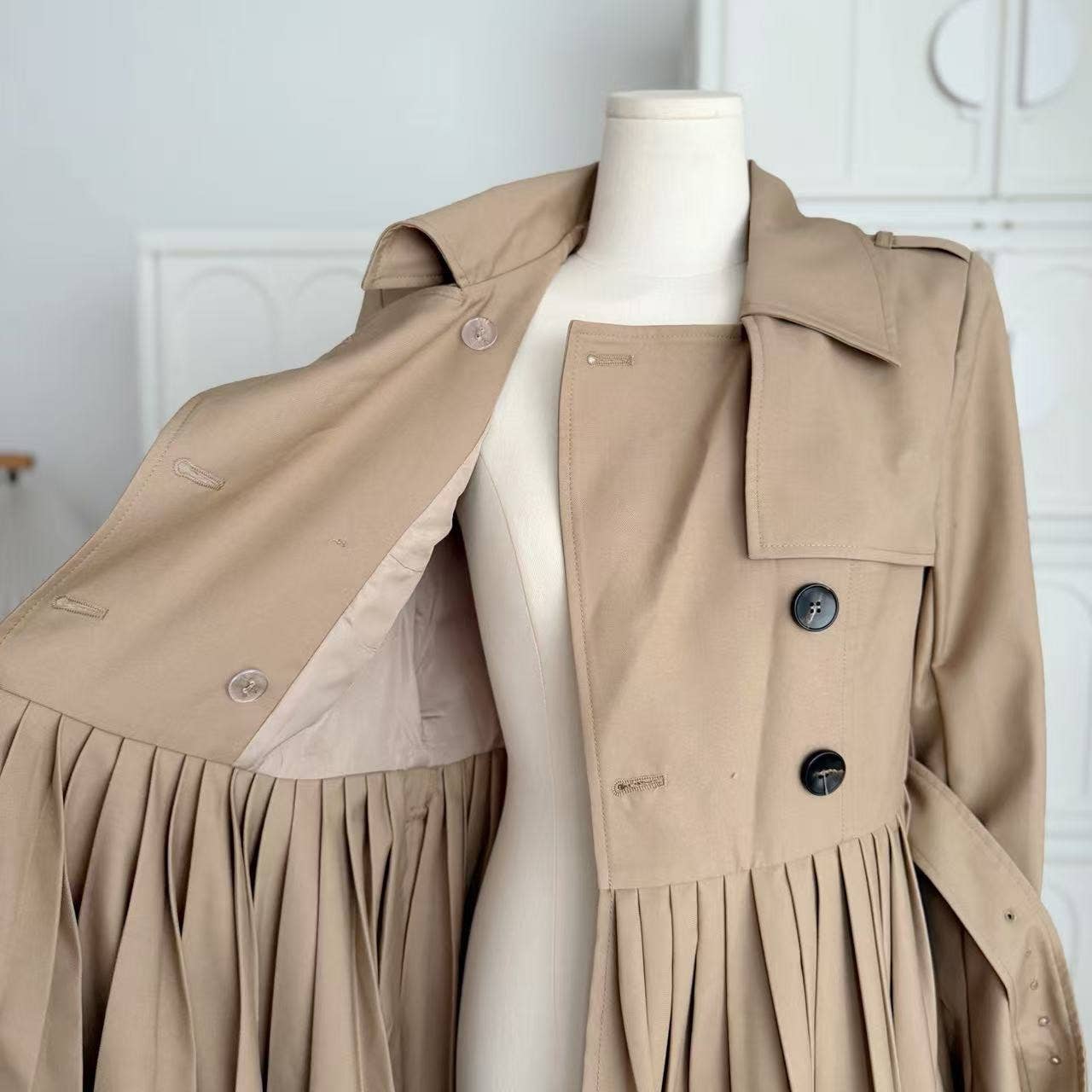 Khaki DR898Y Autumn Pleated Dress with Waist Tie for Women for wholesale on Faire7