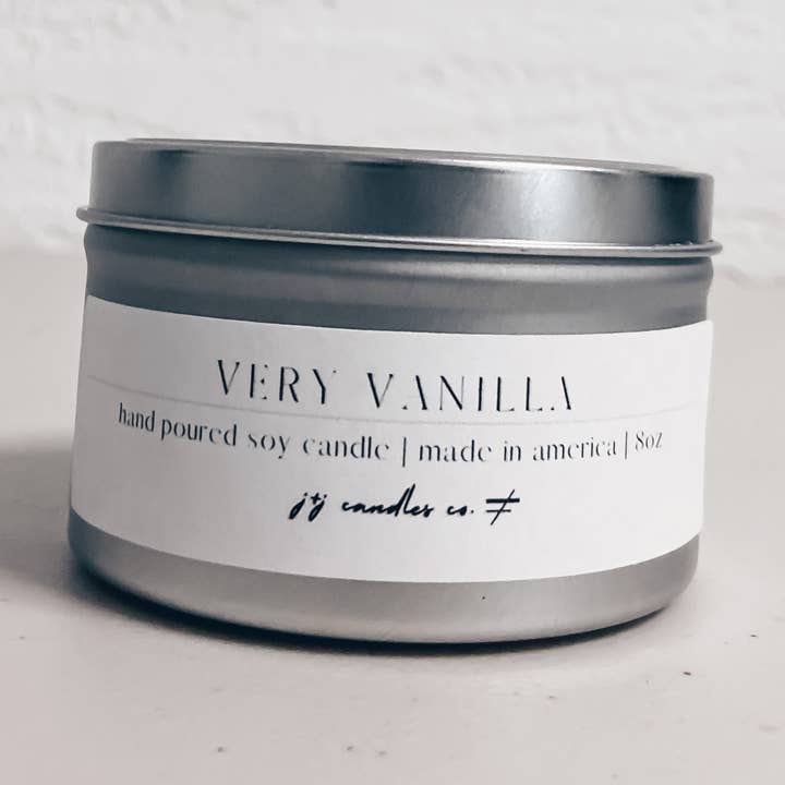 Very Vanilla 8oz Tin Soy Candle for wholesale by j&j candles co.