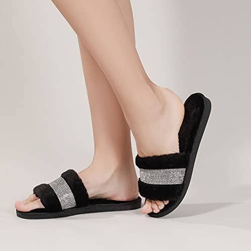 Rhinestone Faux Fur Slippers - Black for wholesale on Faire3