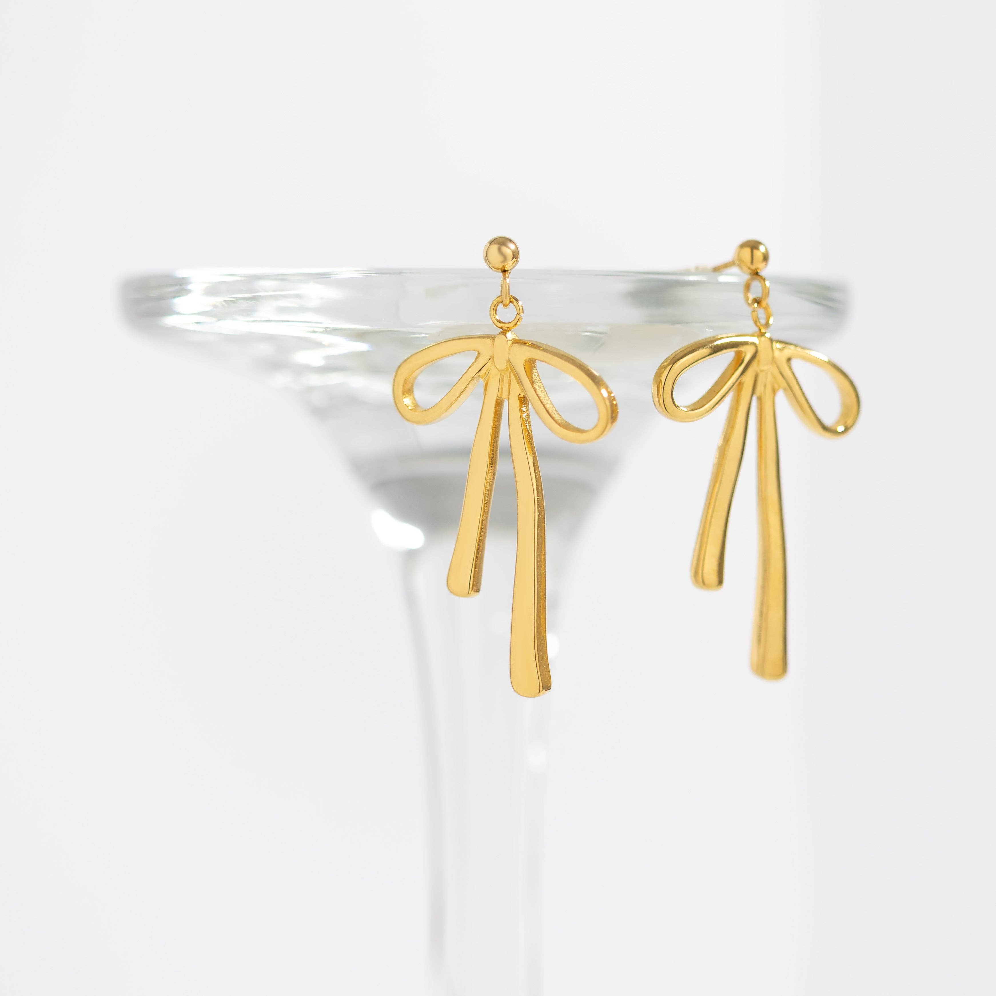 WJW - Wholesale Dangle Earrings - 18K Gold PVD Stainless Steel Ribbon Bow Earrings8