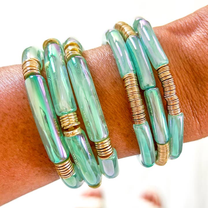Acrylic Metallic #52 Clear Aqua Marble Tube Bamboo Bracelet for wholesale by Savvy Bling