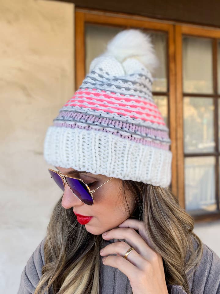 Neon Stripe Detail Beanie With Pompom for wholesale by AMOLI