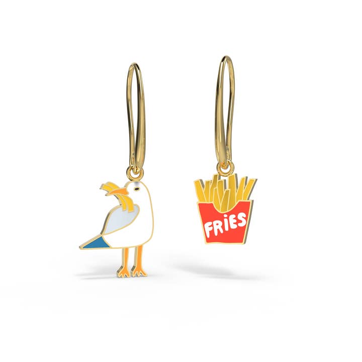 Yellow Owl Workshop - Wholesale Dangle Earrings - Seagull & Fries Earrings - Gold Coastal Beach Statement
