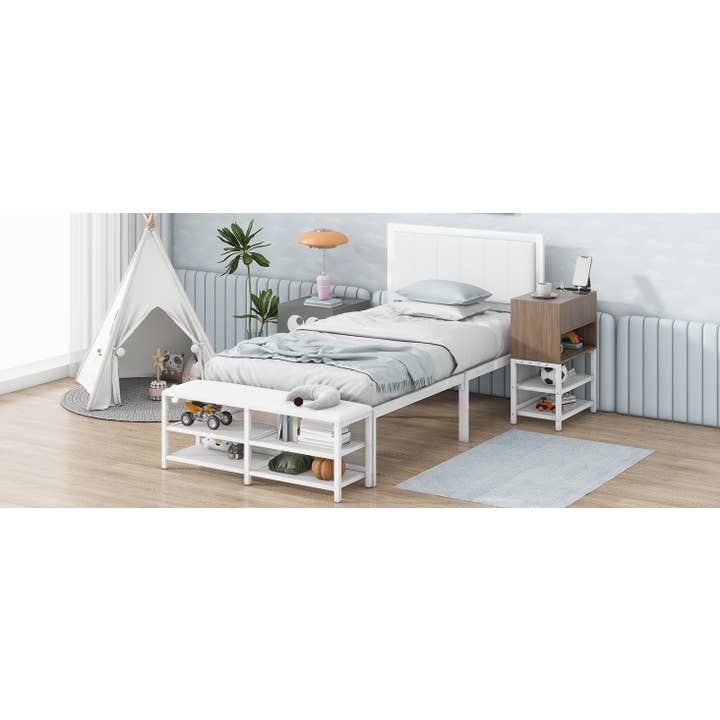 White Twin Metal Platform Bed with Storage Shelves & Cabinet for wholesale on Faire11
