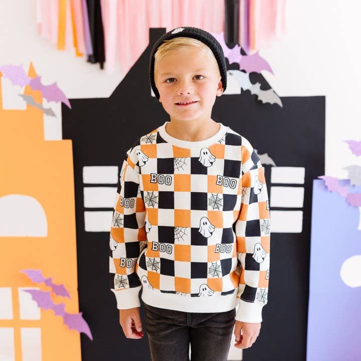Sweet Wink - Wholesale Sweatshirt - Kids - Boo Checkered Halloween Sweatshirt - Natural - Boys Clothing1