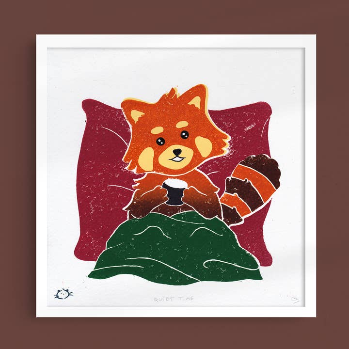 Quiet Time - Cozy Red Panda With Blanket Lino Print for wholesale by Stamped Cat