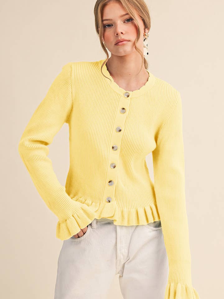 &MERCI - Wholesale Cardigan - Women's - RUFFLE HEM RIBBED KNIT SWEATER CARDIGAN MSW1124920